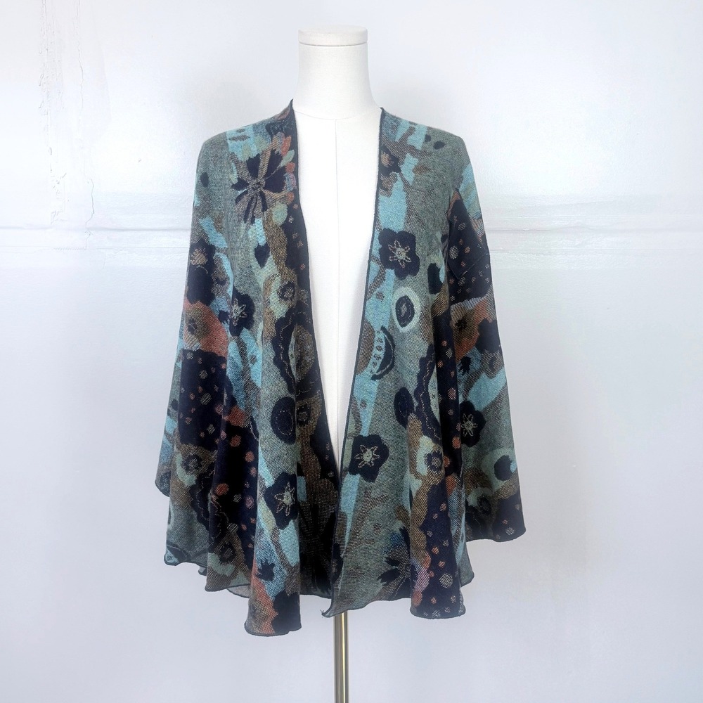 100% Cashmere Abstract Floral Jacquard Open Front Kimono Wrap Shawl Teal Navy